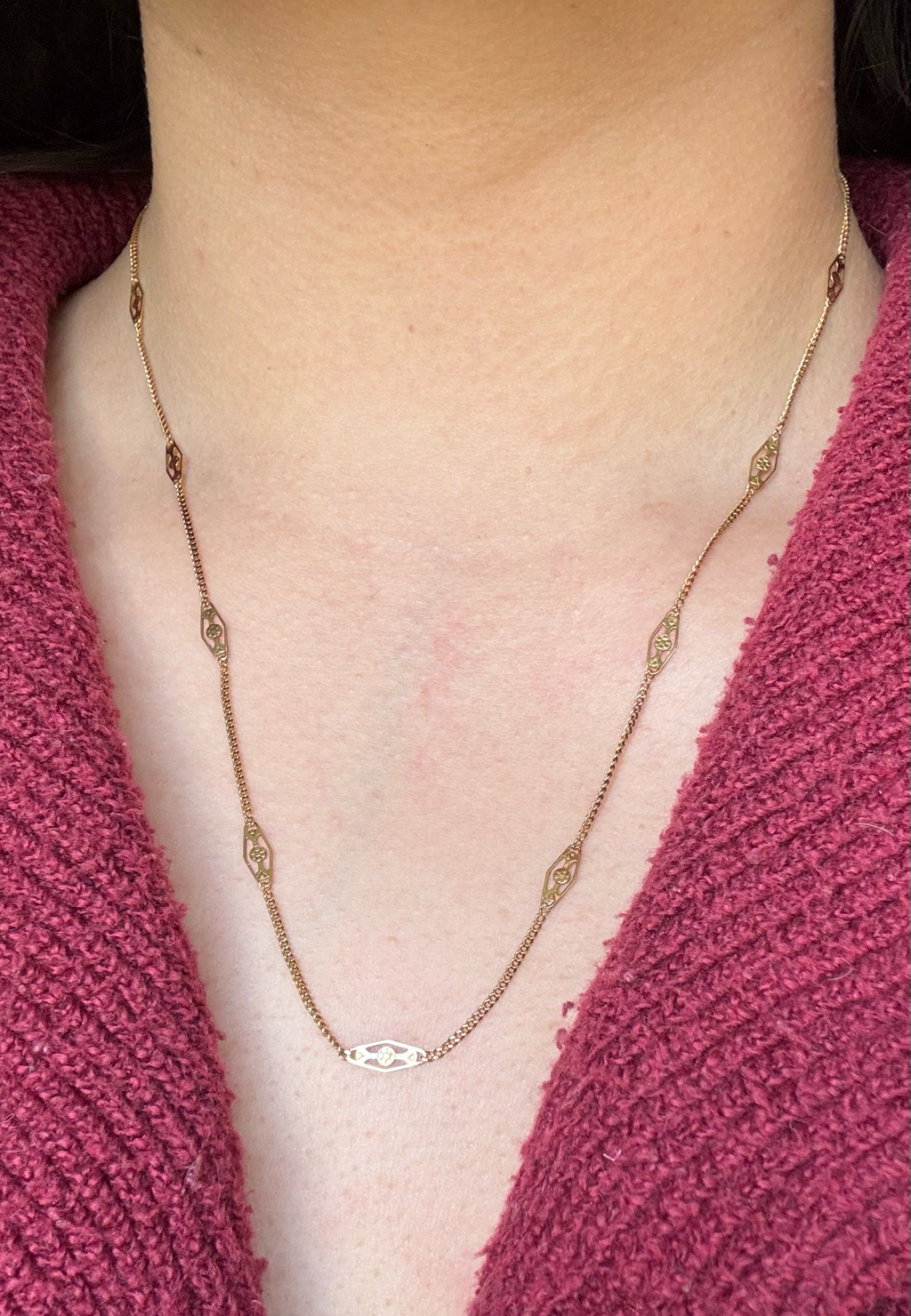 18k Solid Gold Floral Station Link Chain
