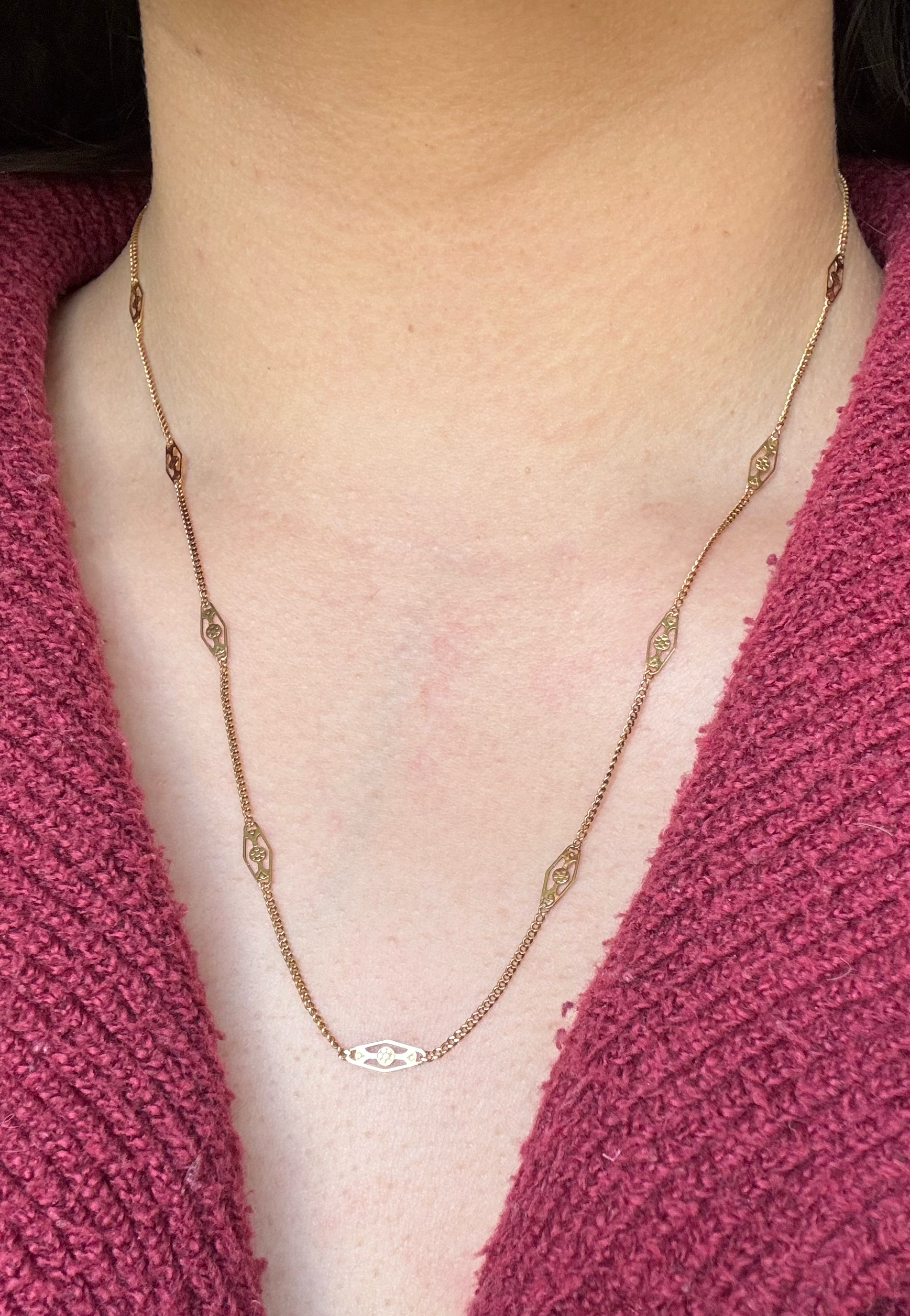 18k Solid Gold Floral Station Link Chain