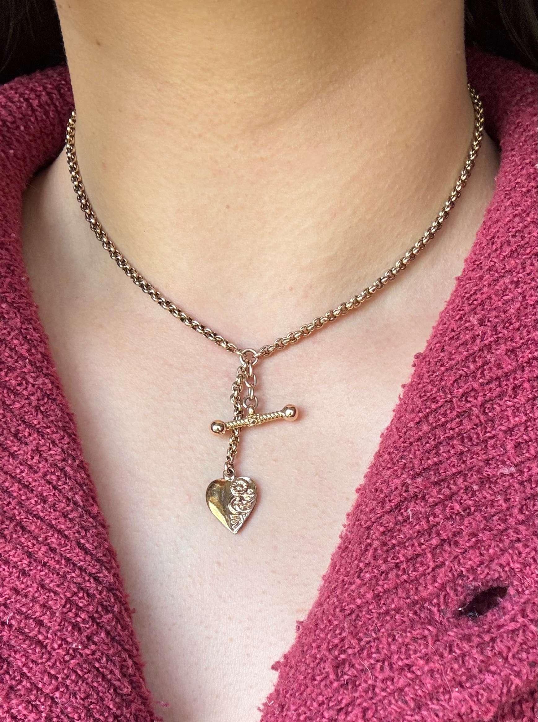 9k Solid Rose Gold English Rolo Watch Chain w/ T-bar & Heart Charm