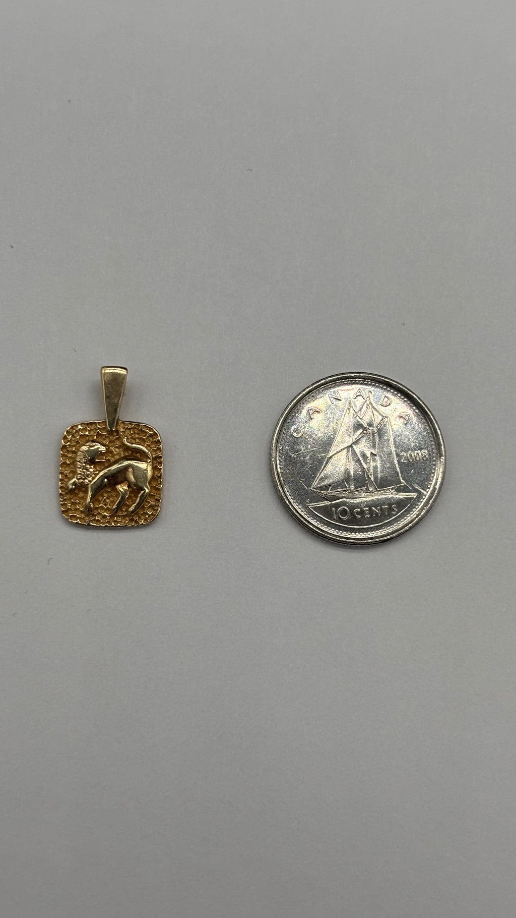 14k solid gold square Leo pendant with fixed bail next to Canadian 10 cent coin for size reference