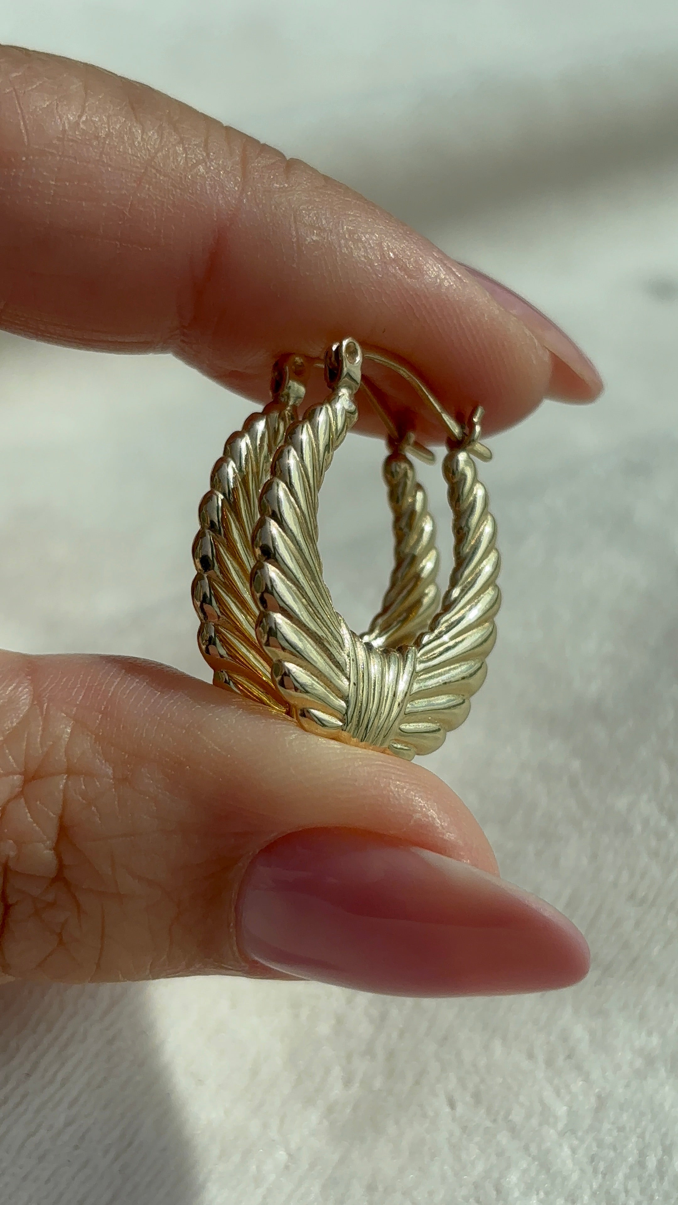 14k Solid Gold Woven Effect Hoops side view showing sculptural detail