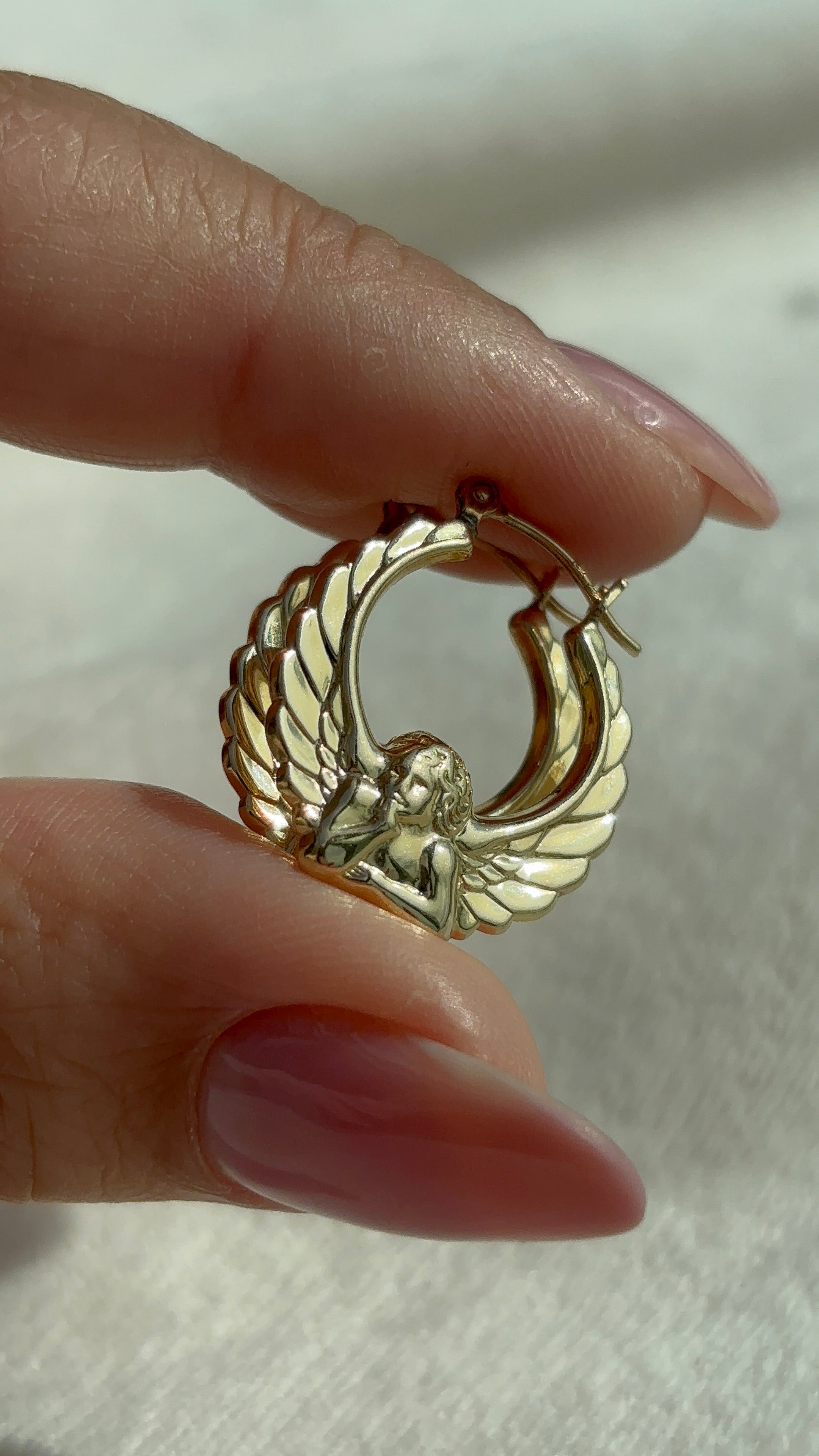 14k Solid Gold Sculptural 3D Cherub Hoops side view showing sculptural detail