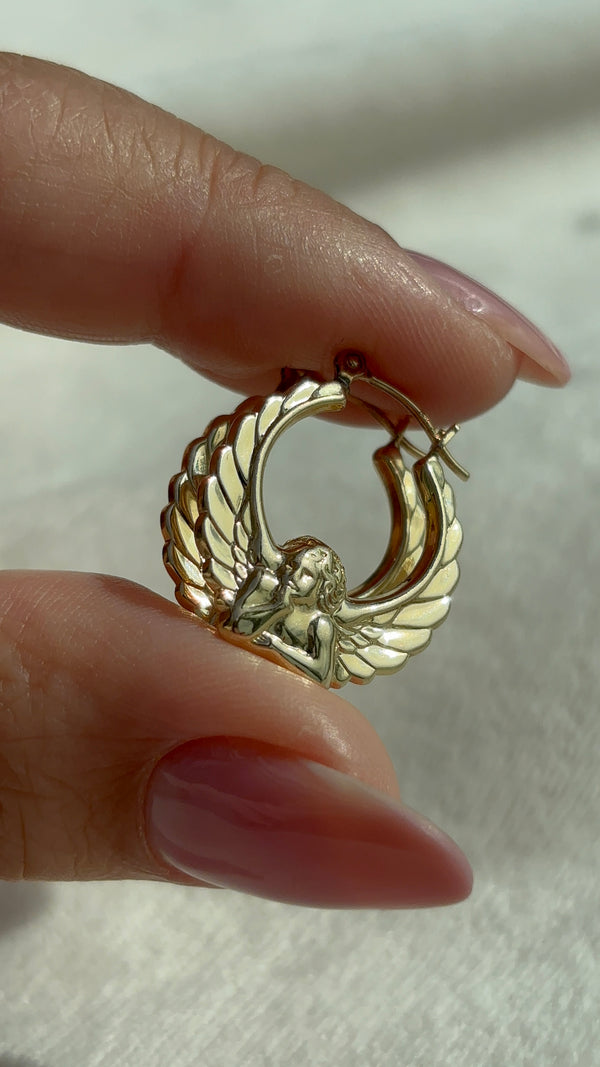 14k Solid Gold Sculptural 3D Cherub Hoops side view showing sculptural detail