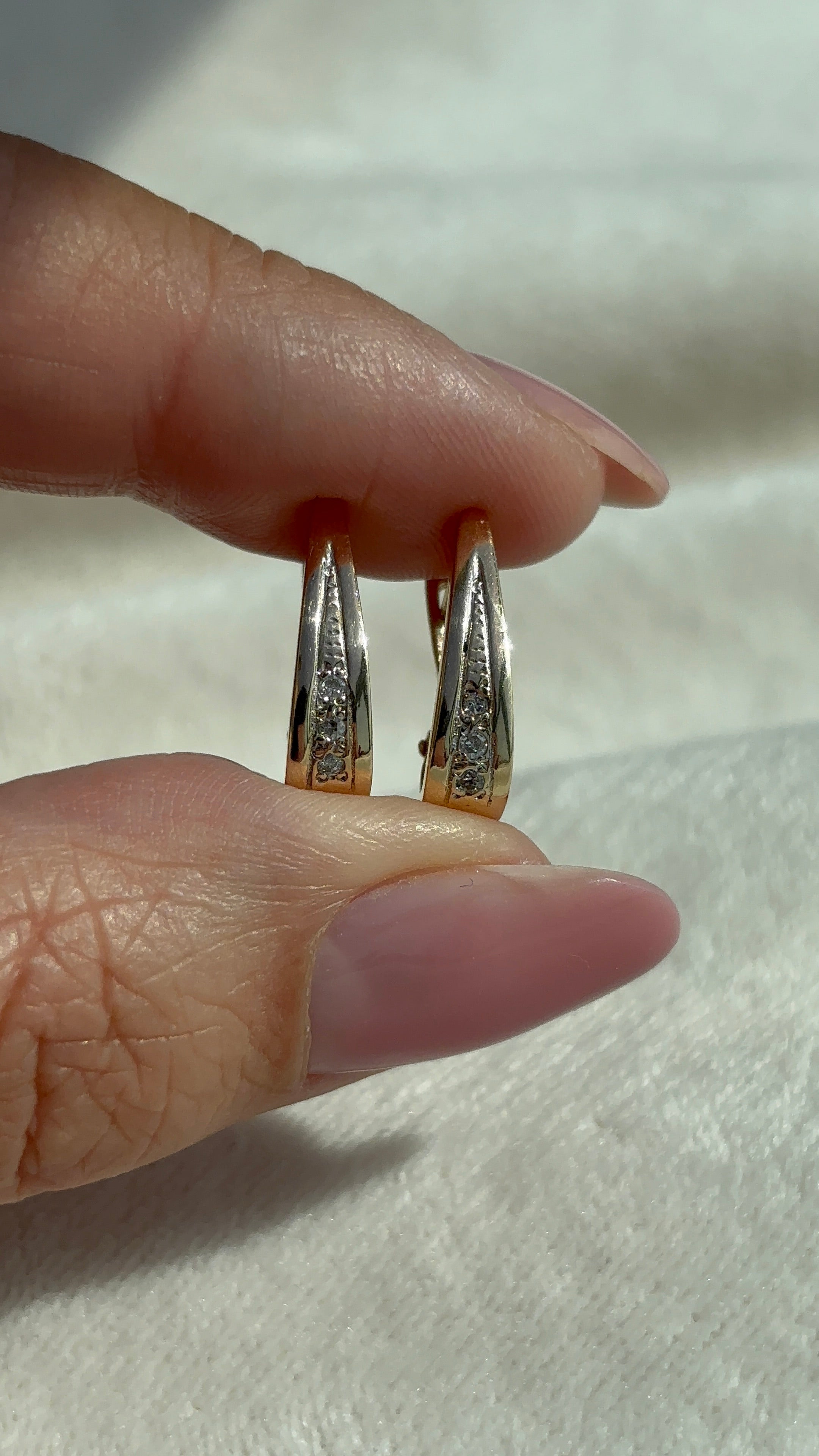 14k Solid Gold Diamond Drop Hoops close-up showing stone setting detail