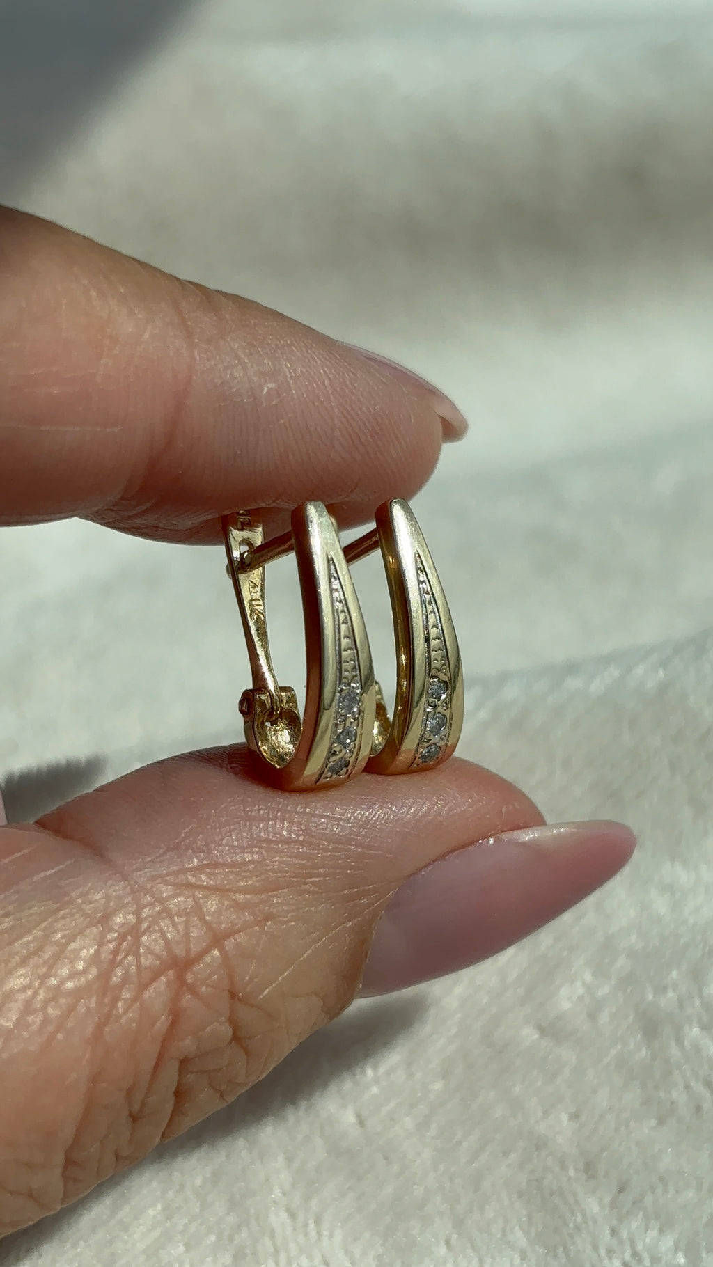 14k Solid Gold Diamond Drop Hoops angled close-up showing shine and condition