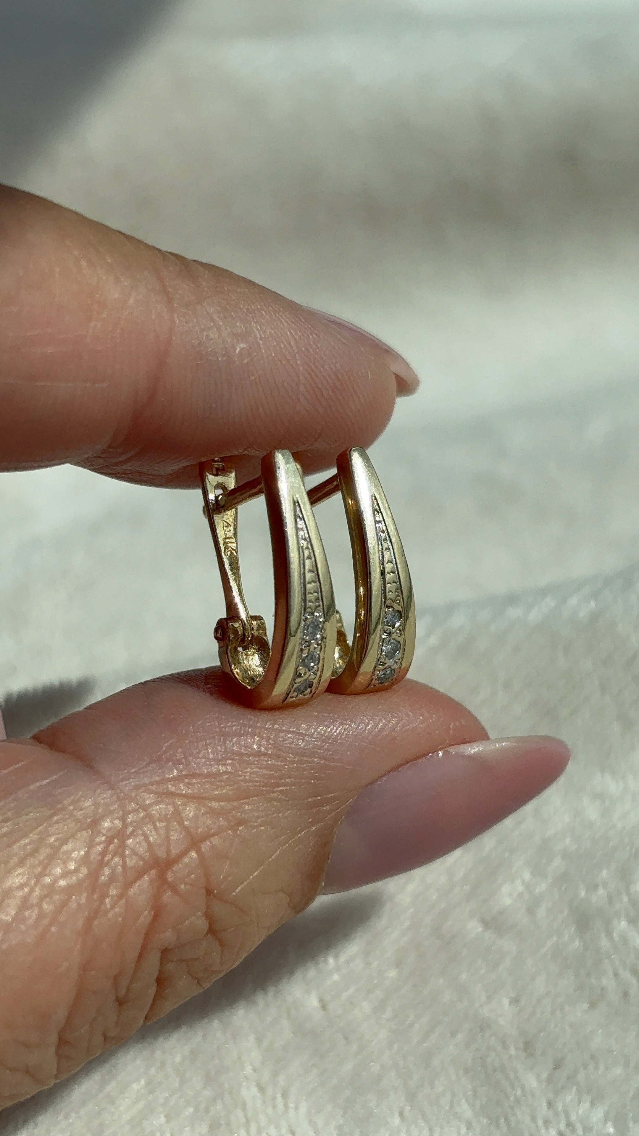 14k Solid Gold Diamond Drop Hoops angled close-up showing shine and condition