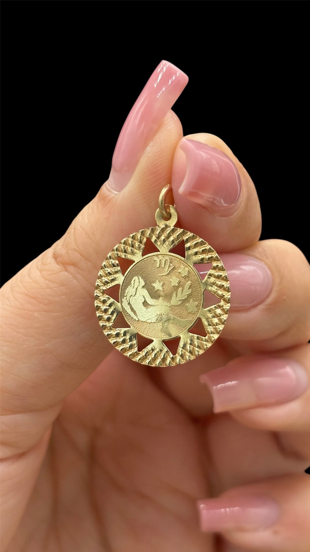 Front of 14k solid gold Virgo charm