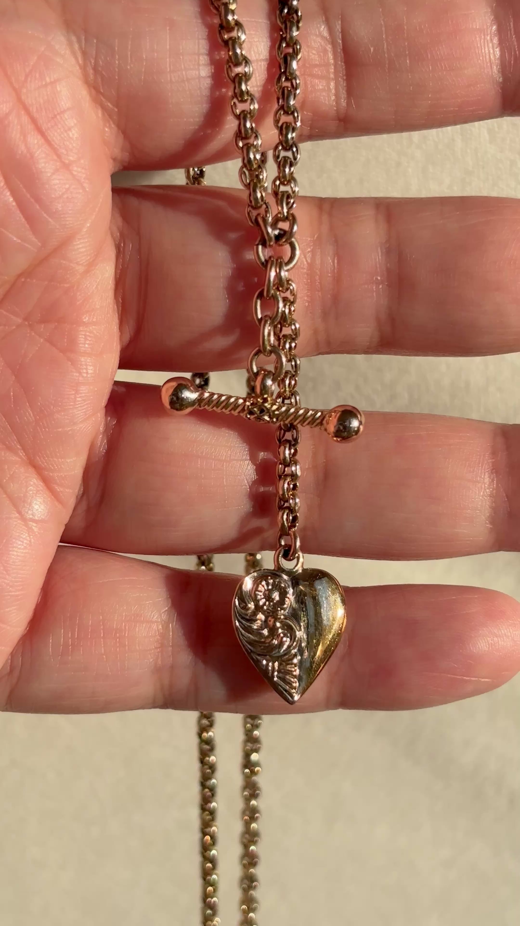 9k Solid Rose Gold English Rolo Watch Chain w/ T-bar & Heart Charm